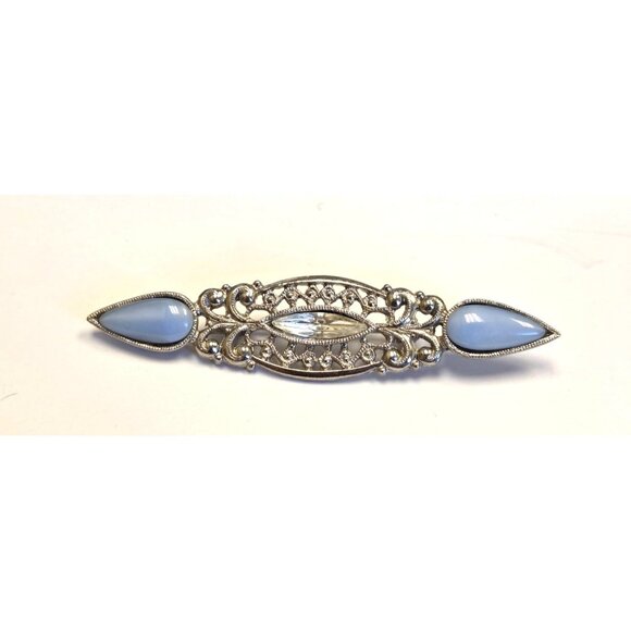 Vintage Silver-Tone Filigree Brooch With Blue Glass Accents & Clear Rhinestone C - Picture 1 of 2